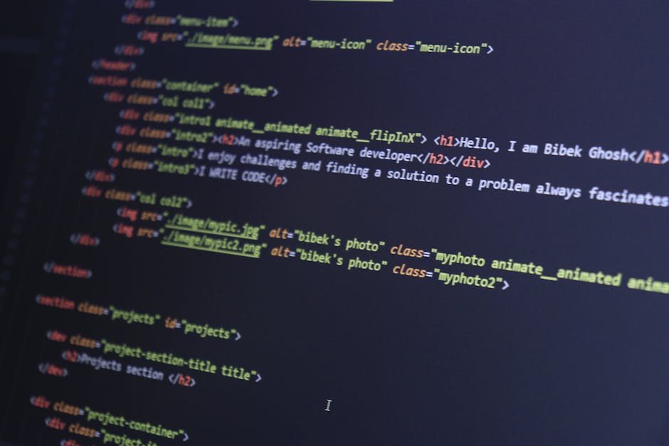 A close-up photograph of a computer screen displaying HTML code for a webpage related to gardening services. The code shows elements such as the DOCTYPE declaration, html, head sections with meta tags